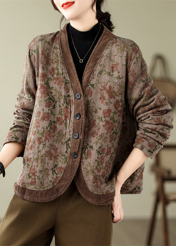 Bohemian V Neck Print Button Fine Cotton Filled Jackets Spring TN009