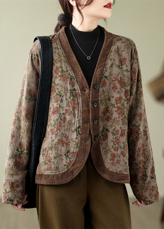 Bohemian V Neck Print Button Fine Cotton Filled Jackets Spring TN009