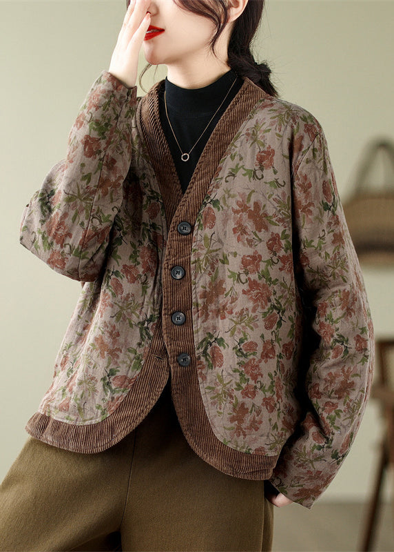 Bohemian V Neck Print Button Fine Cotton Filled Jackets Spring TN009