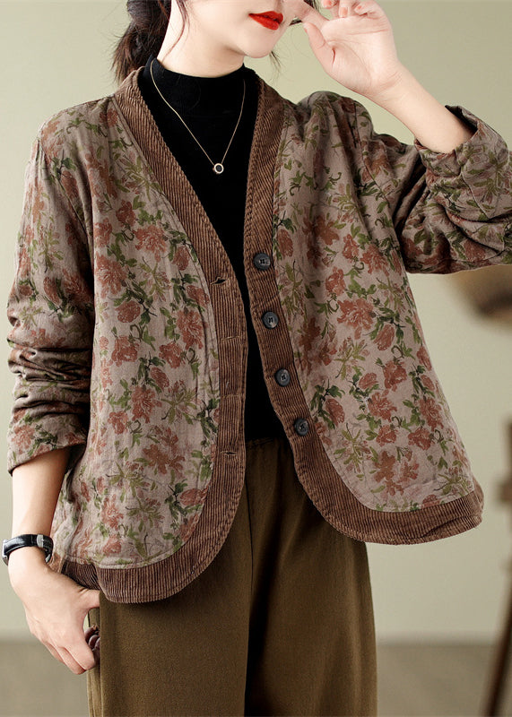 Bohemian V Neck Print Button Fine Cotton Filled Jackets Spring TN009