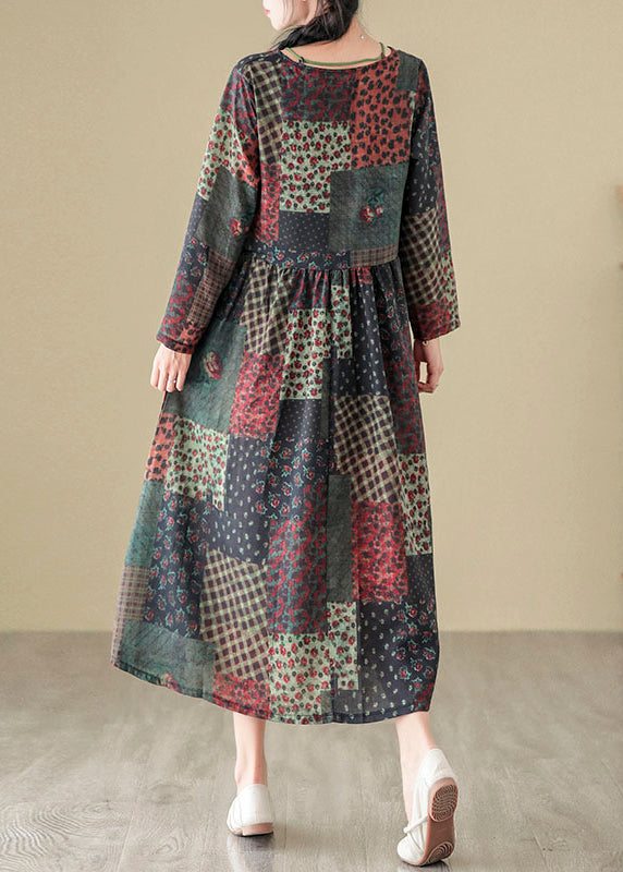 Bohemian V Neck Print Patchwork Cotton Long Dress Fall QO043