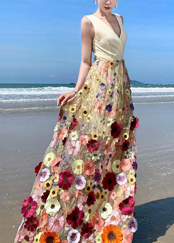 Robe longue bohème en tulle à col en V brodée en patchwork de fleurs en tulle pour l'été UU1024