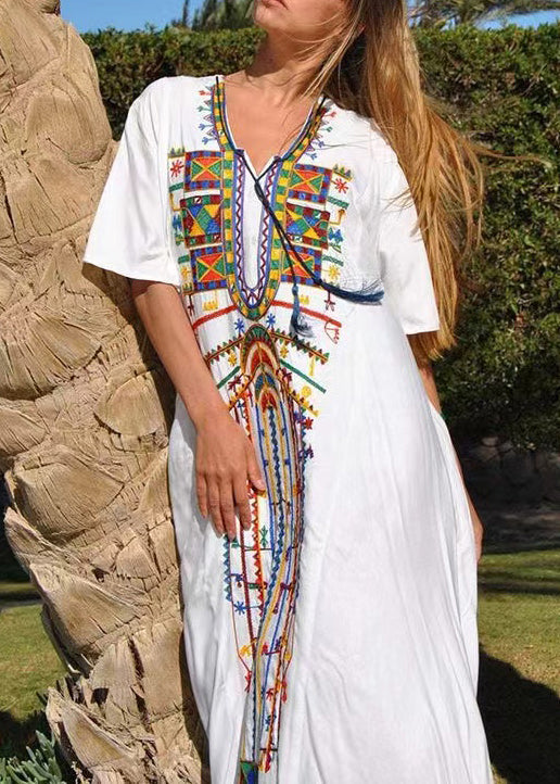 Bohemian White Embroidered Lace Up Cotton Dresses Summer AA1046