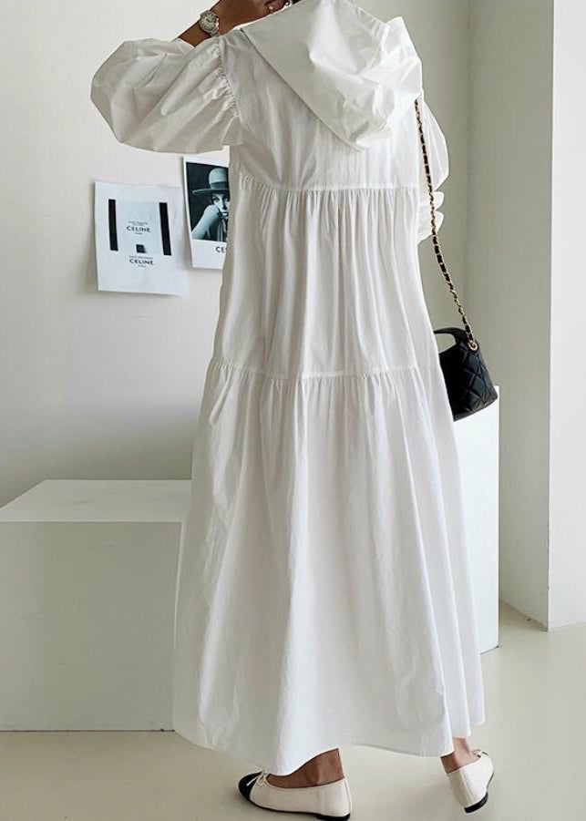 Dresses White Bohemian Lantern Hooded Oversized Maxi Cotton