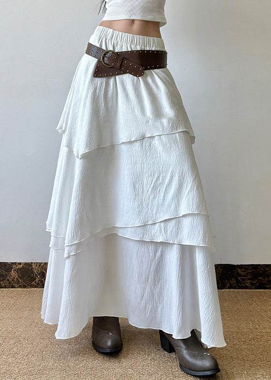 Cotton Elastic Summer Skirts Solid Waist Bohemian White Layered