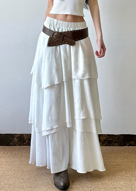 Cotton Elastic Summer Skirts Solid Waist Bohemian White Layered