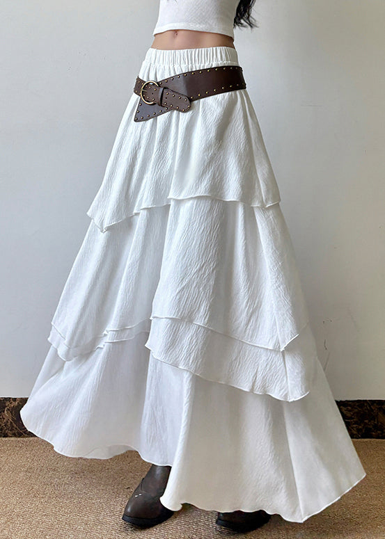 Cotton Elastic Summer Skirts Solid Waist Bohemian White Layered