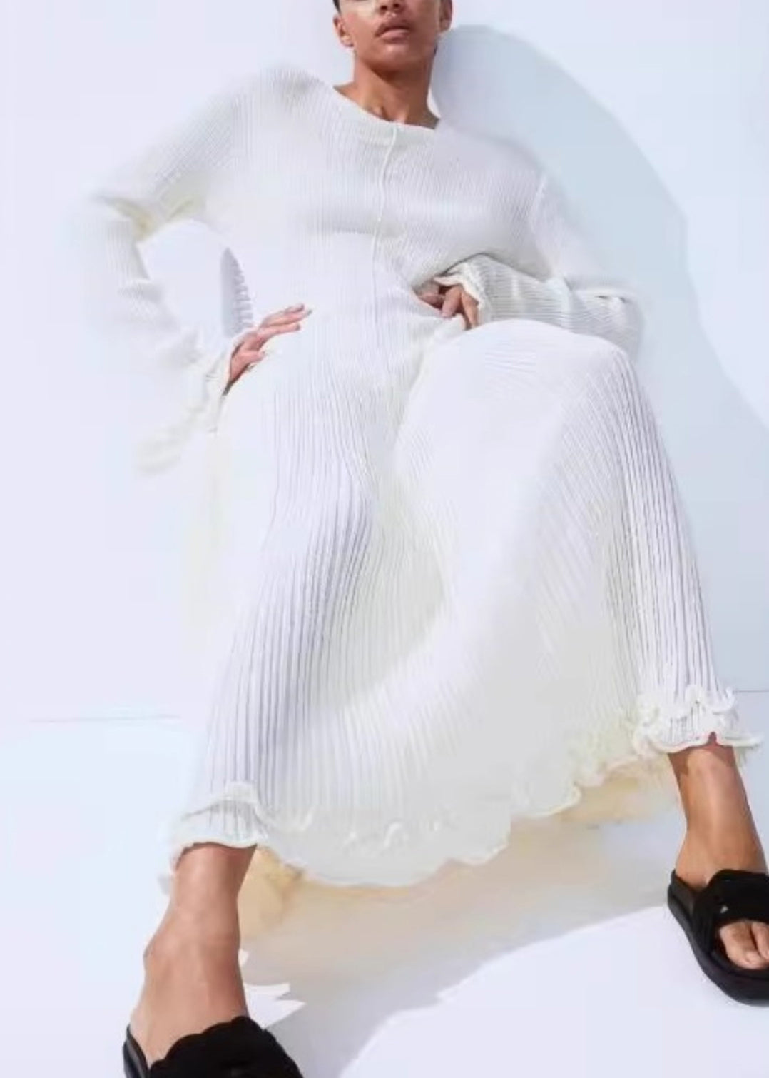 Bohemian White Ruffled Lace Up Cotton Robe Dresses Flare Sleeve WO044