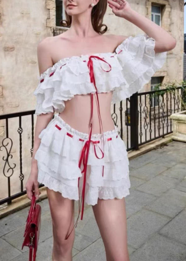 White Set Summer Two Piece Up Lace Bohemian Ruffled Cotton