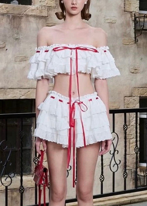 White Set Summer Two Piece Up Lace Bohemian Ruffled Cotton