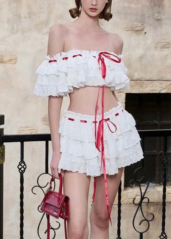 White Set Summer Two Piece Up Lace Bohemian Ruffled Cotton