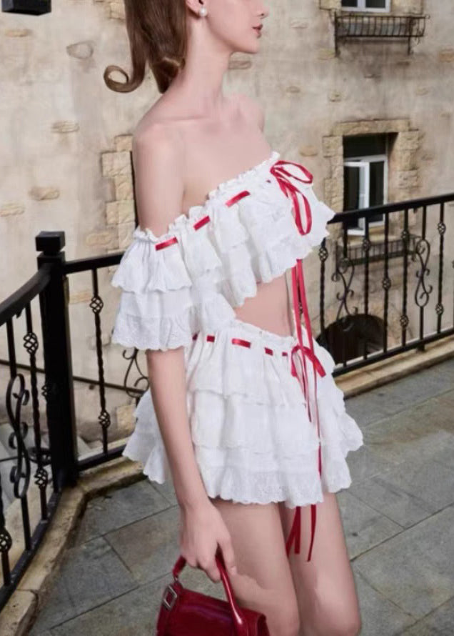 White Set Summer Two Piece Up Lace Bohemian Ruffled Cotton