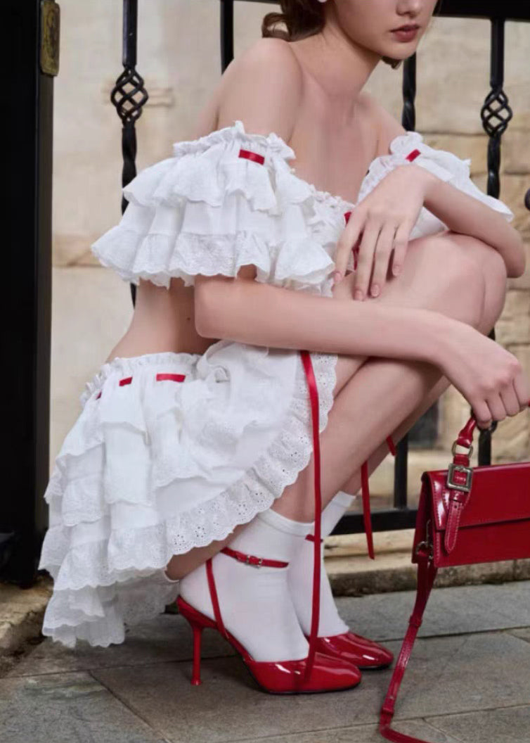 White Set Summer Two Piece Up Lace Bohemian Ruffled Cotton