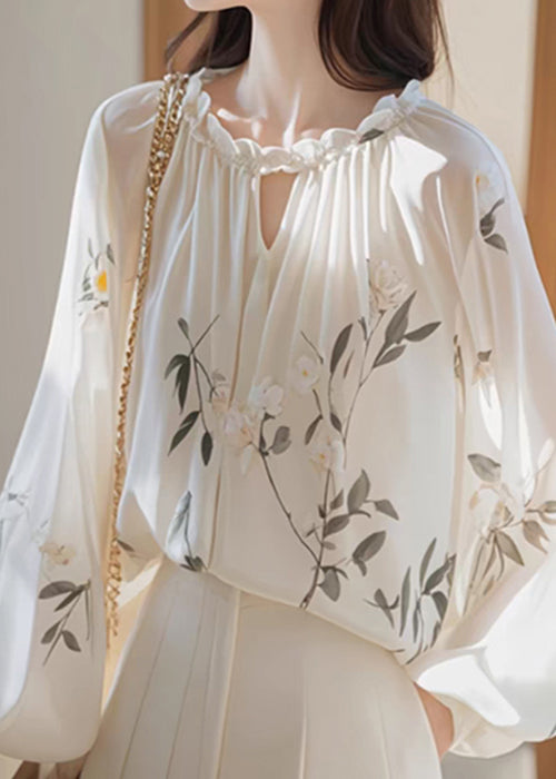 Bohemian White Ruffled Print Chiffon Shirt Fall QI008