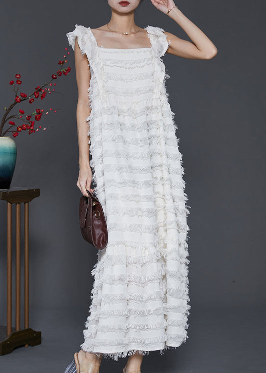 Bohemian White Tasseled Cotton Summer Dresses Sleeveless SD1011