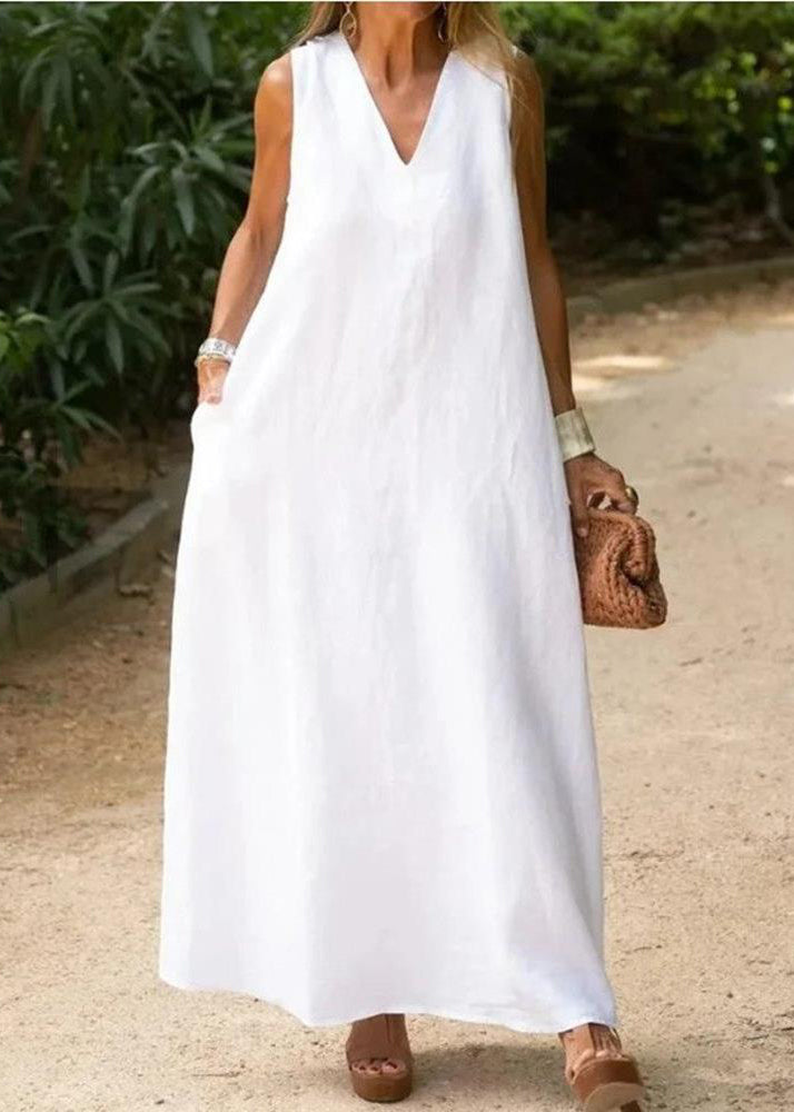 Bohemian White V Neck Cotton A Line Dress Sleeveless TL013