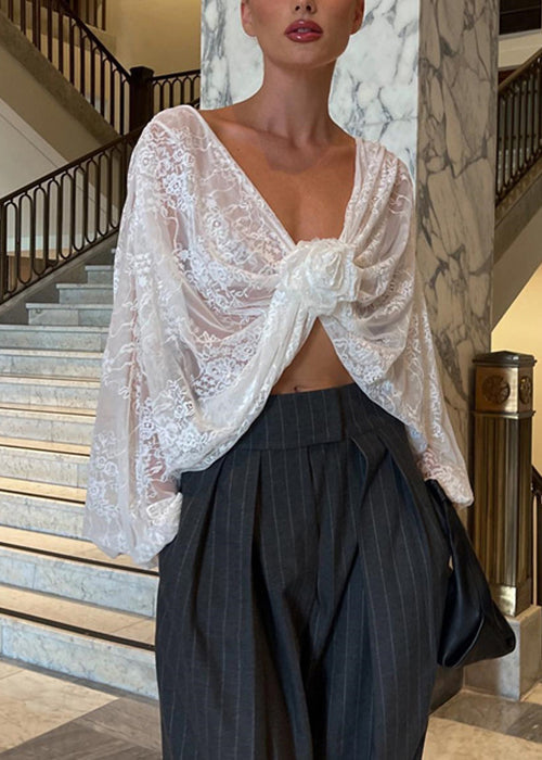 Bohemian White V Neck Floral Lace Top Spring YT020