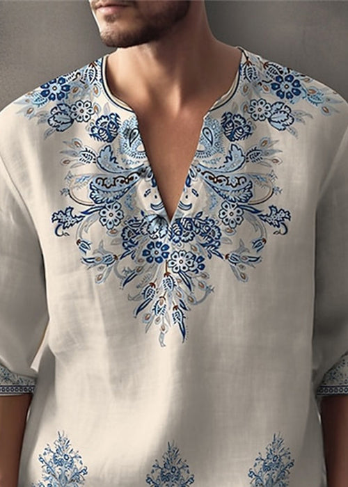 White Print Half V Shirts Oversized Neck T Bohemian Cotton Men's