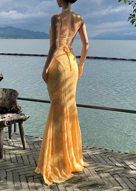 Lace Yellow Spaghetti Dress FishTail Maxi Backless Bohemian Strap