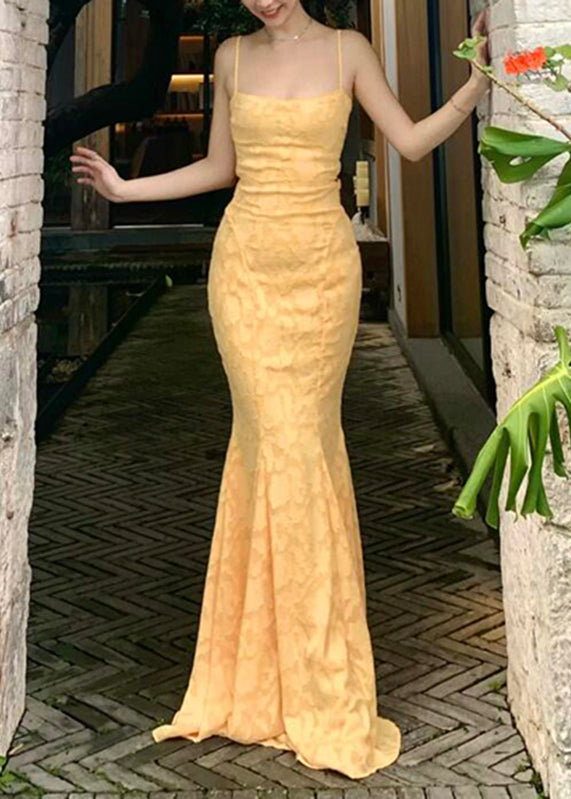 Lace Yellow Spaghetti Dress FishTail Maxi Backless Bohemian Strap