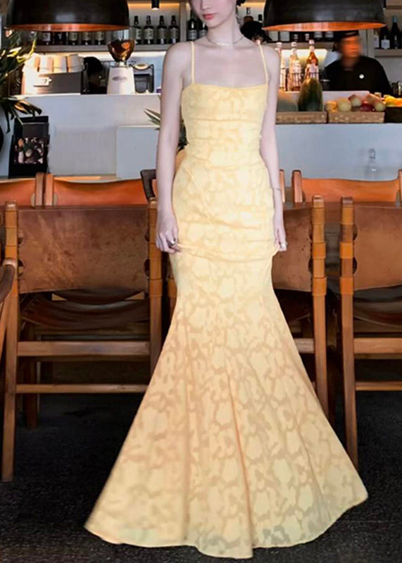 Lace Yellow Spaghetti Dress FishTail Maxi Backless Bohemian Strap