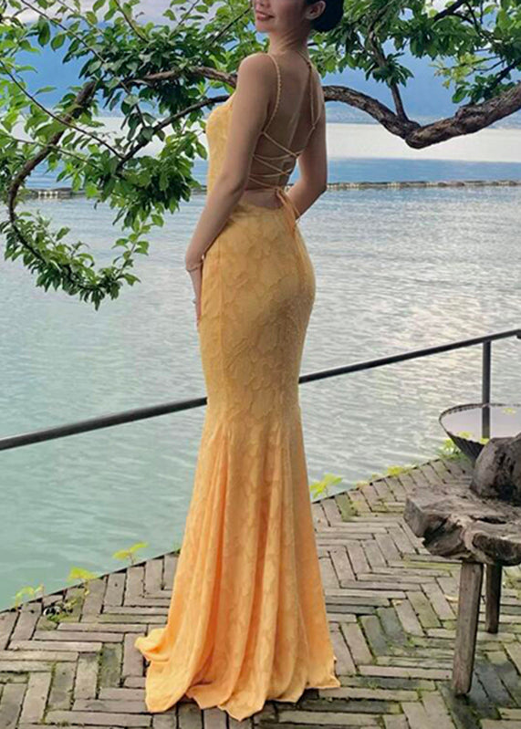 Lace Yellow Spaghetti Dress FishTail Maxi Backless Bohemian Strap