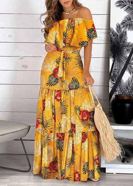 Maxi Print Yellow Wrinkled Cold Shoulder Short Dress Bohemian