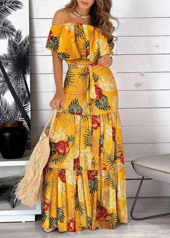 Print Yellow Maxi Cold Wrinkled Dress Bohemian Short Shoulder Sleeve