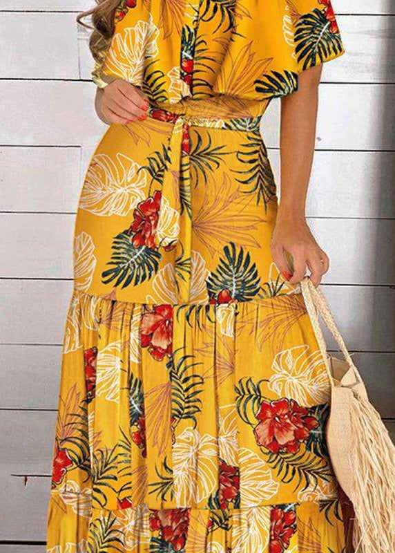 Print Yellow Maxi Cold Wrinkled Dress Bohemian Short Shoulder Sleeve
