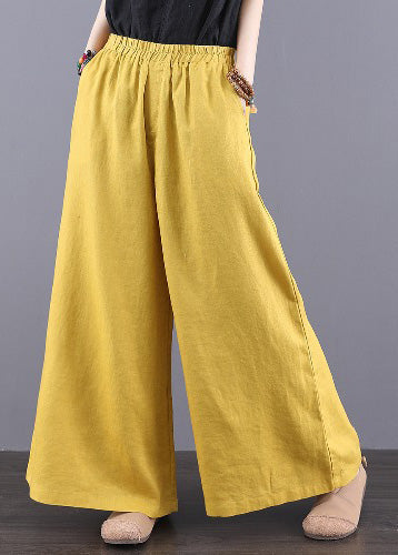 Yellow Waist Linen Elastic Pants Summer Bohemian Pockets