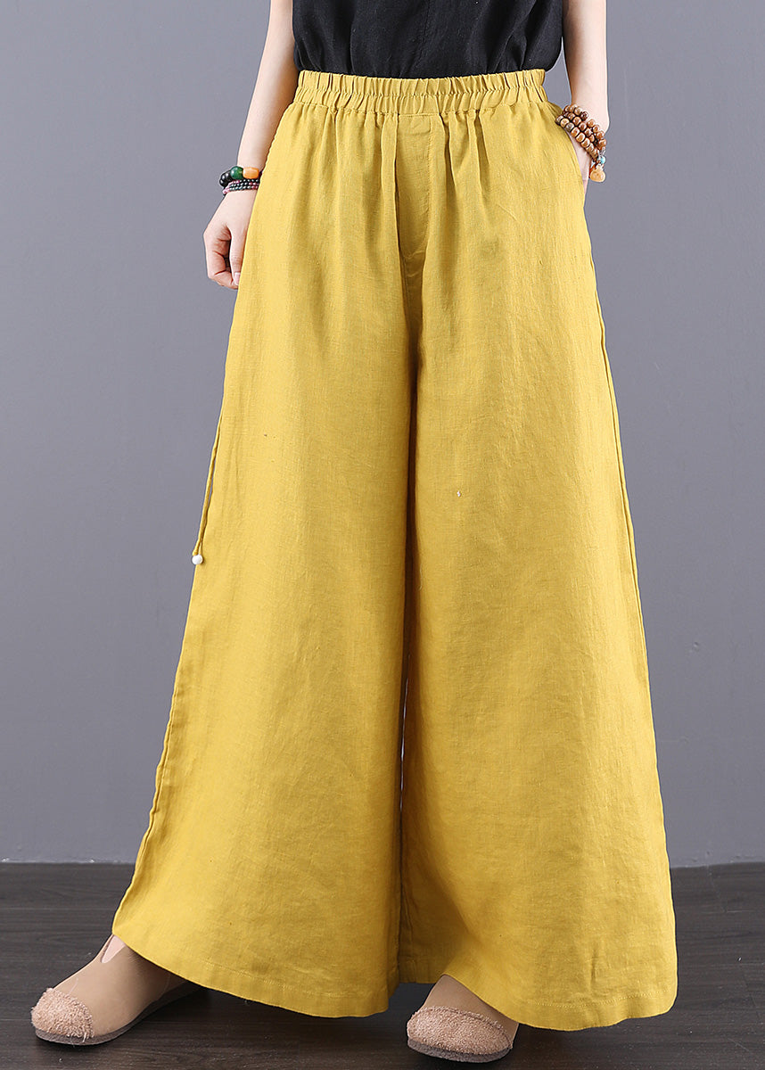 Yellow Waist Linen Elastic Pants Summer Bohemian Pockets