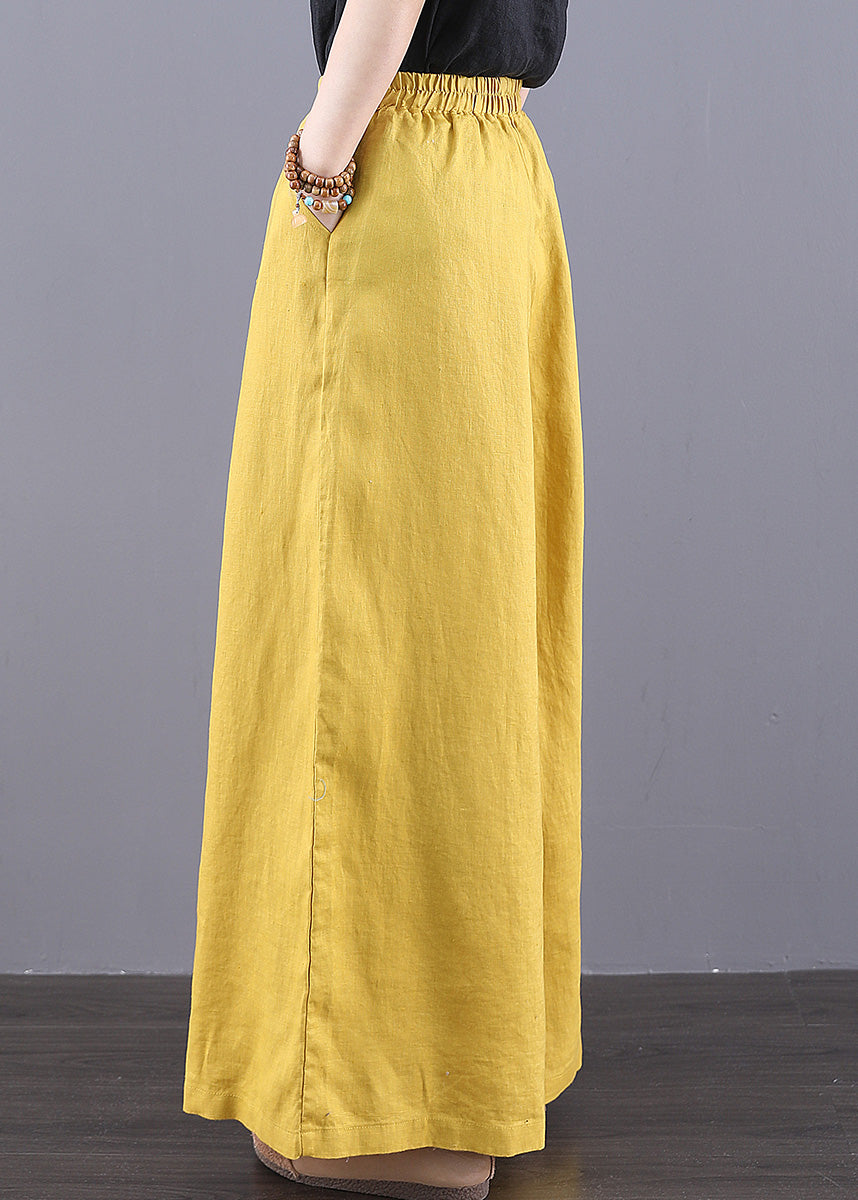 Yellow Waist Linen Elastic Pants Summer Bohemian Pockets