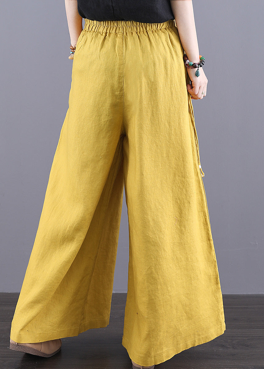 Yellow Waist Linen Elastic Pants Summer Bohemian Pockets