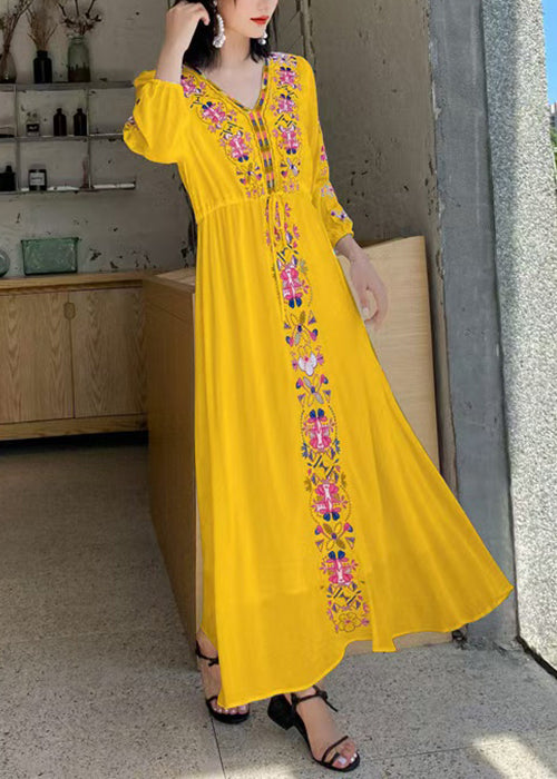 Waist Cotton Yellow Dresses Bohemian Embroidered Vacation Tie