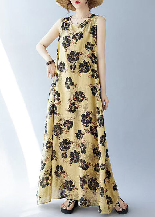 Yellow Dresses Sleeveless Cotton Bohemian Print Oversized