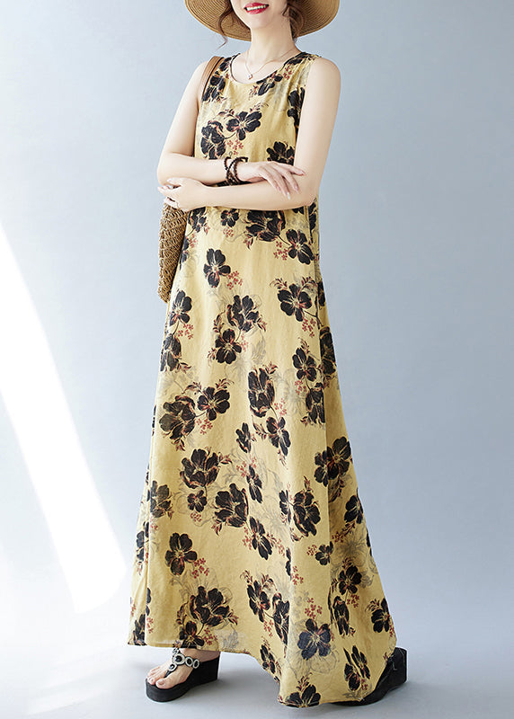 Yellow Dresses Sleeveless Cotton Bohemian Print Oversized