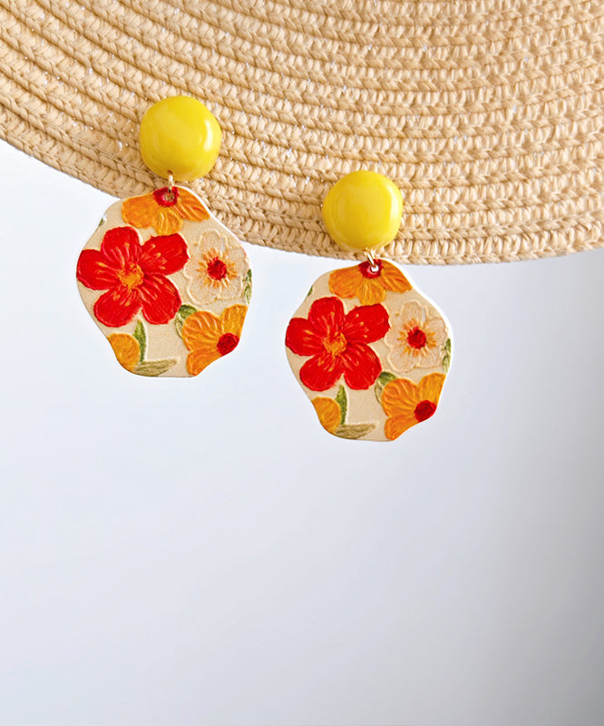 Srerling Floral Drop Bohemian Yellow Glaze Earrings Silver