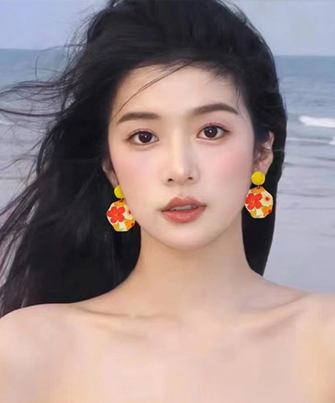 Srerling Floral Drop Bohemian Yellow Glaze Earrings Silver