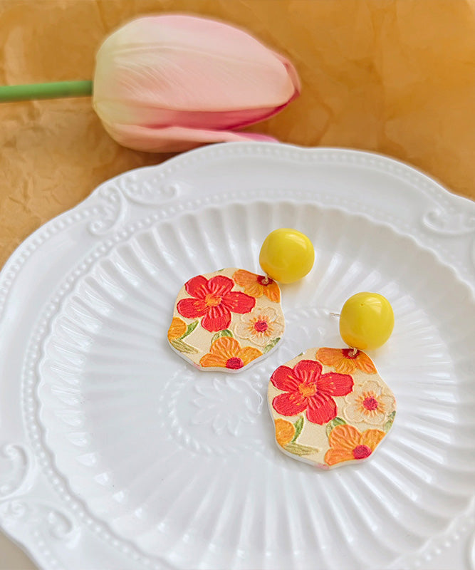 Srerling Floral Drop Bohemian Yellow Glaze Earrings Silver