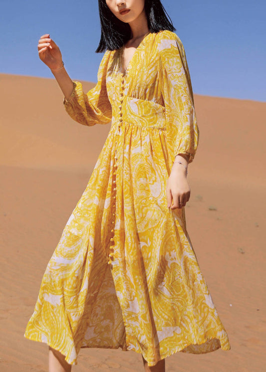 Print V Fall Dresses Yellow Chiffon Bohemian Neck Long