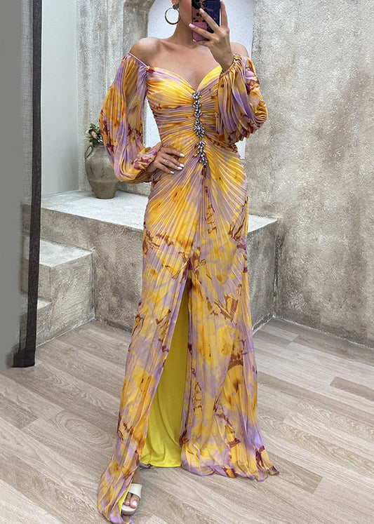 Ankle Wrinkled Bohemian Open Yellow Spring Dress Side