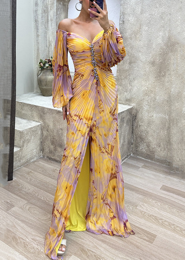 Ankle Wrinkled Bohemian Open Yellow Spring Dress Side