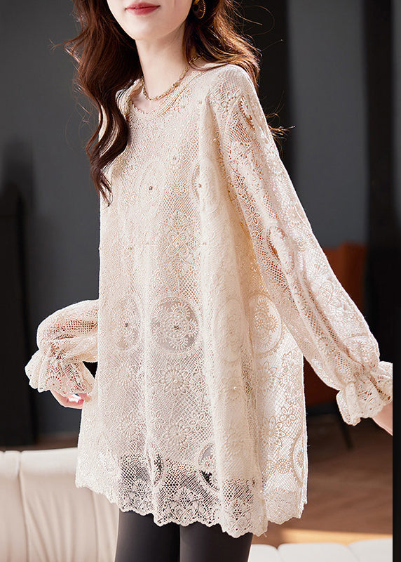 Top Chiffon Out Apricot Flare Embroidered Sleeve Boho Hollow