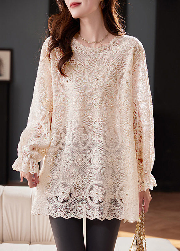 Top Chiffon Out Apricot Flare Embroidered Sleeve Boho Hollow
