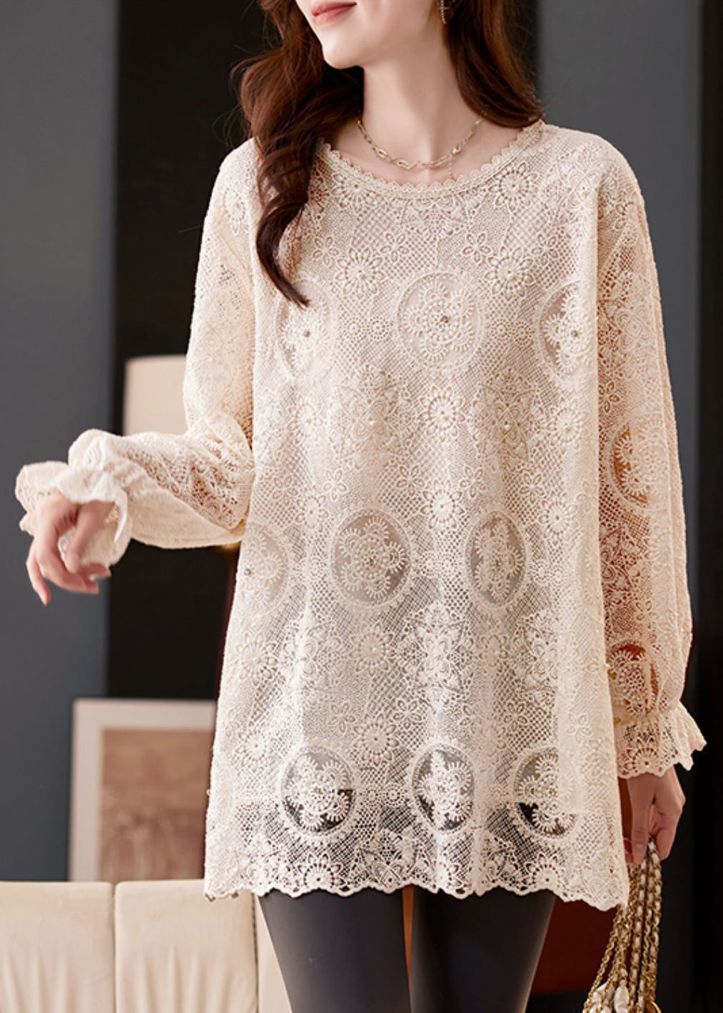Top Chiffon Out Apricot Flare Embroidered Sleeve Boho Hollow