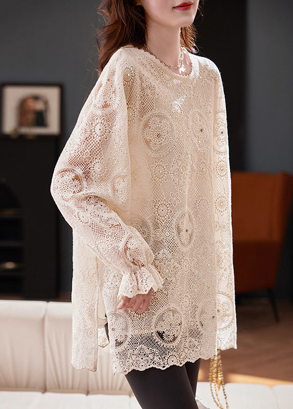 Top Chiffon Out Apricot Flare Embroidered Sleeve Boho Hollow