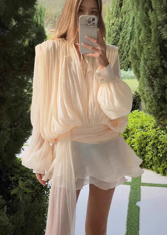 Apricot Boho Sleeve Chiffon Work Dress Wrinkled Puff Summer