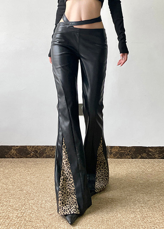 Spring Leopard Boho Black Pants Patchwork PU Asymmetrical