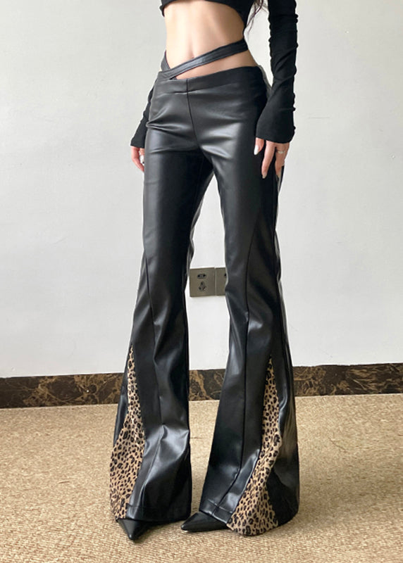 Spring Leopard Boho Black Pants Patchwork PU Asymmetrical