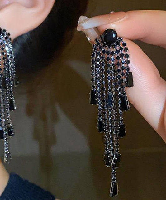 Boho Black Copper Zircon Tassel Drop Earrings QZ016